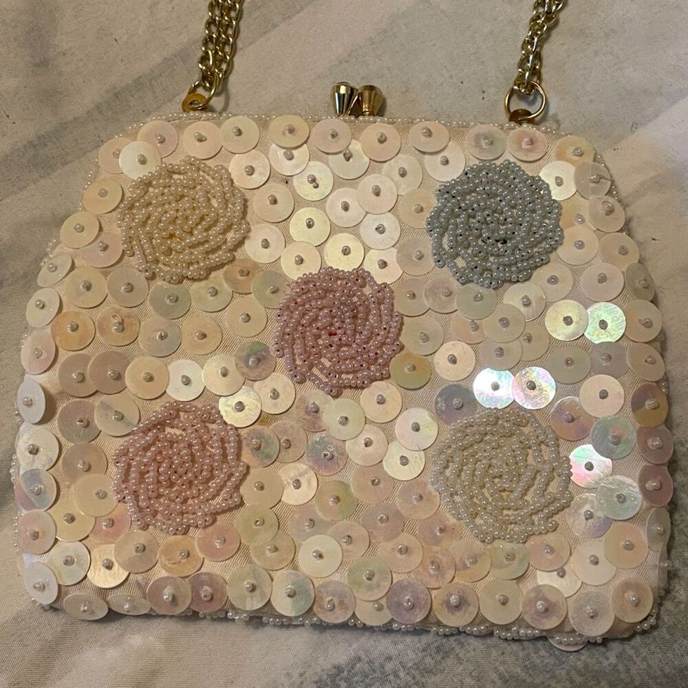 Vintage 60s IRIDESCENT PASTEL BEADED Sequins Evening Bag Convertible Hong Kong
